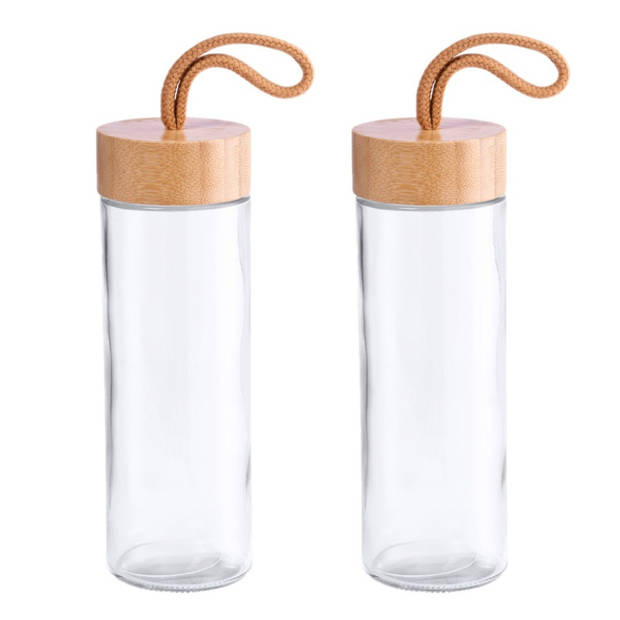 2x Stuks glazen waterfles/drinkfles transparant met bamboe houten dop met handvat 420 ml - Drinkflessen