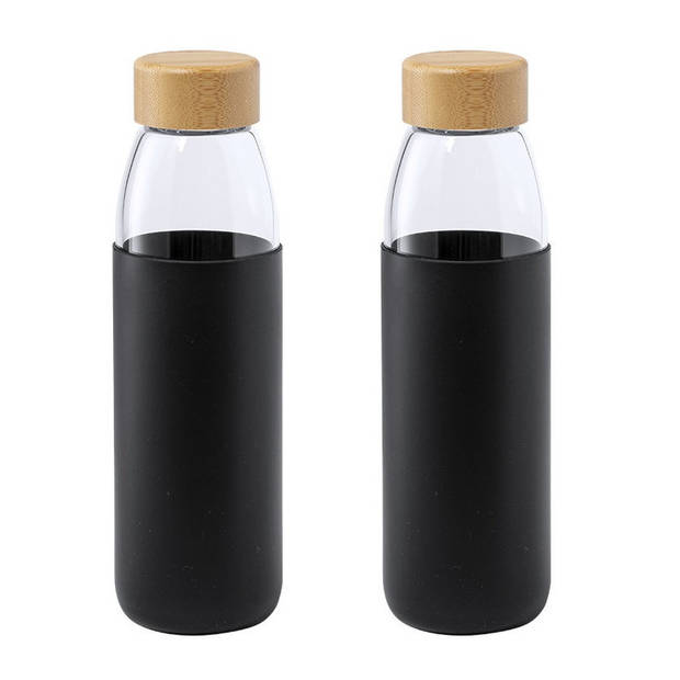 2x Stuks glazen waterfles/drinkfles met zwarte siliconen bescherm hoes 540 ml - Drinkflessen