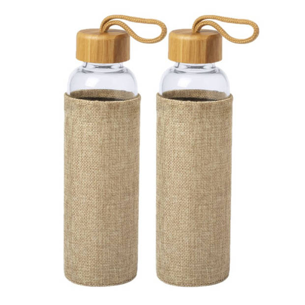 2x Stuks glazen waterfles/drinkfles met naturel bamboe houten bescherm hoes 550 ml - Drinkflessen