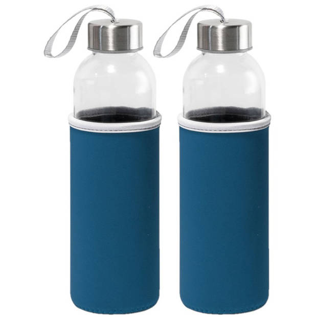 2x Stuks glazen waterfles/drinkfles met blauwe softshell bescherm hoes 520 ml - Drinkflessen