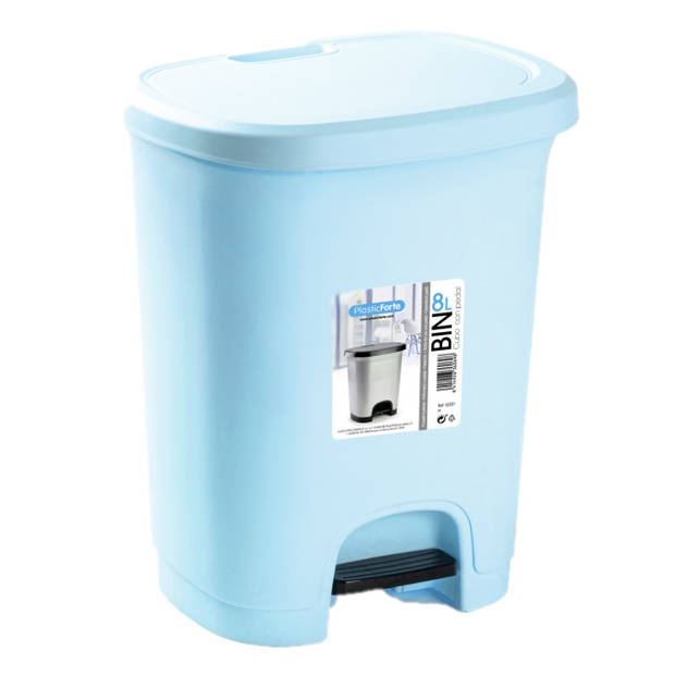WC-/toiletborstel en houder - lichtblauw - met kleine pedaalemmer 8L - Badkameraccessoireset