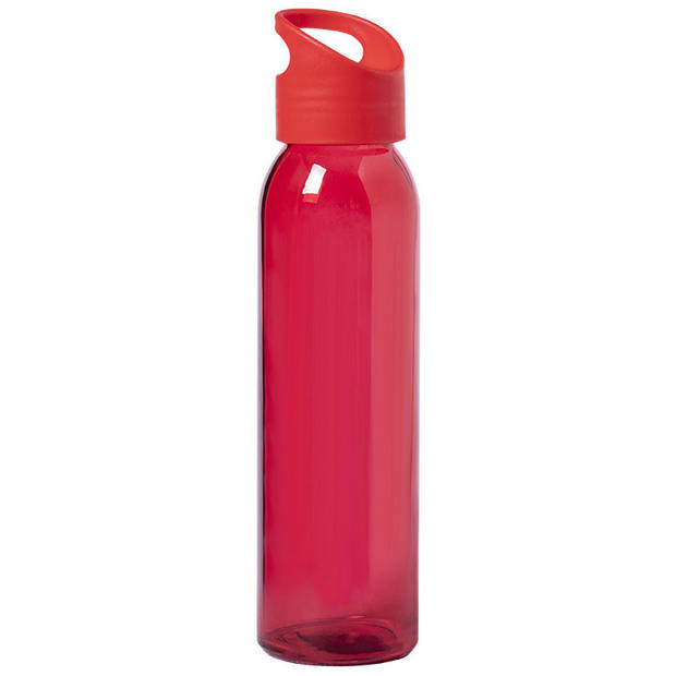 2x Stuks glazen waterfles/drinkfles rood transparant met schroefdop met handvat 470 ml - Drinkflessen