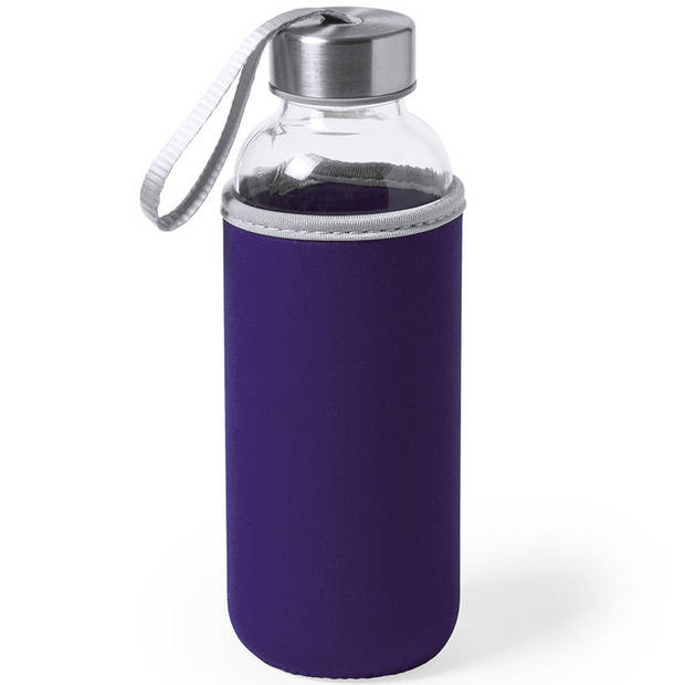 2x Stuks glazen waterfles/drinkfles met paarse softshell bescherm hoes 420 ml - Drinkflessen