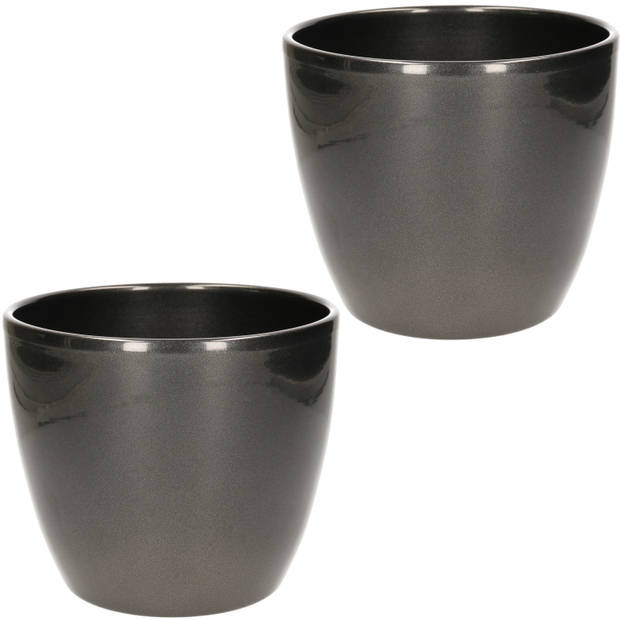 2x stuks bloempot glanzend zilver metallic keramiek voor kamerplant H15 x D17.5 cm - Plantenpotten