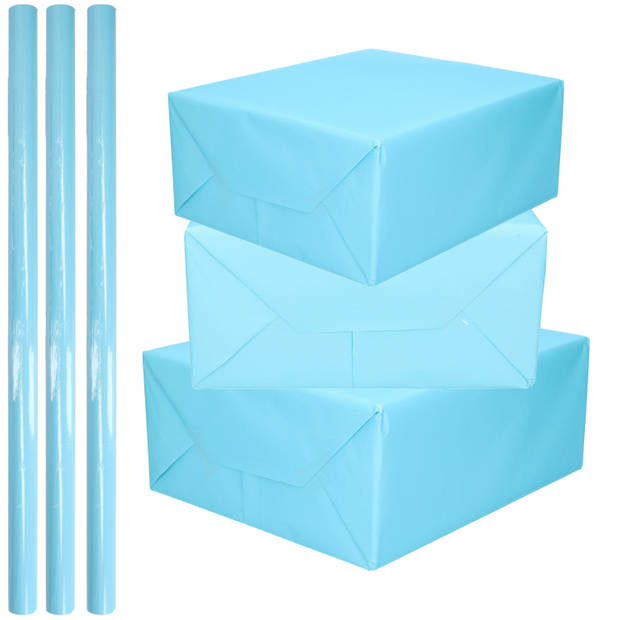 3x Rollen kadopapier / schoolboeken kaftpapier pastel blauw 200 x 70 cm - Kaftpapier