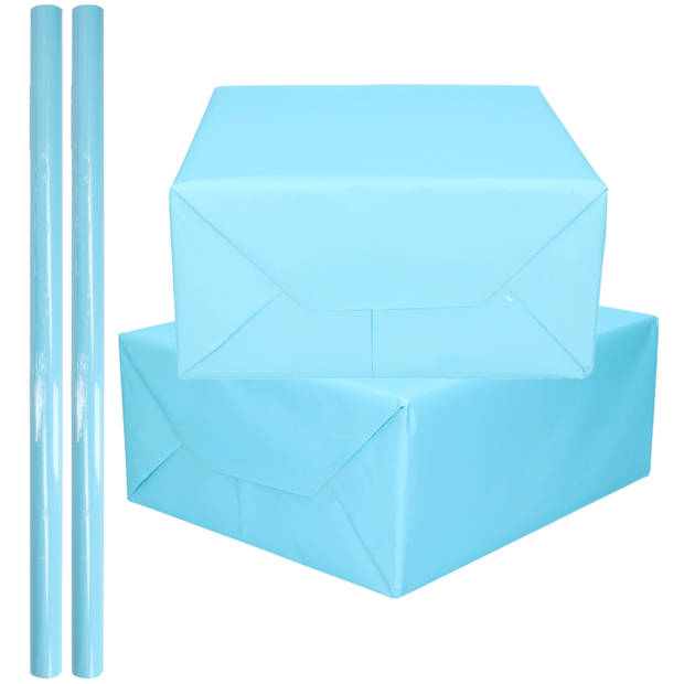2x Rollen kadopapier / schoolboeken kaftpapier pastel blauw 200 x 70 cm - Kaftpapier