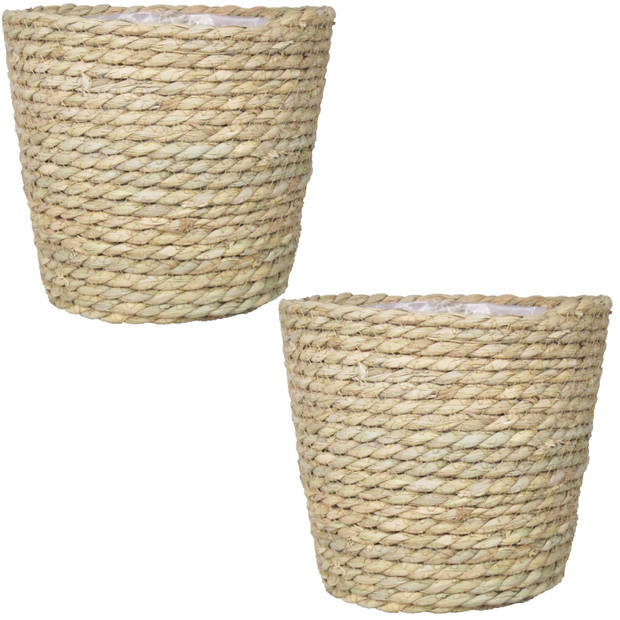 2x stuks naturel rotan manden van gedraaid touw/riet 17,5 cm - Plantenpotten