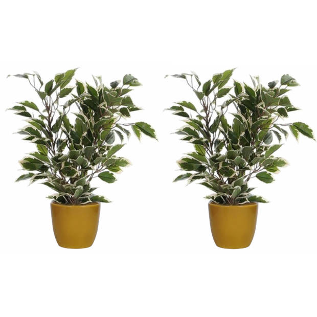 2x stuks groen/witte ficus kunstplant 40 cm met plantenpot okergeel D13.5 en H12.5 cm - Kunstplanten