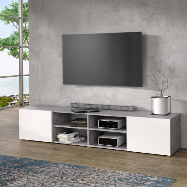 PILVI TV-standaard - Wit en lichtgrijs beton - L 185 x D 42 x H 31 cm
