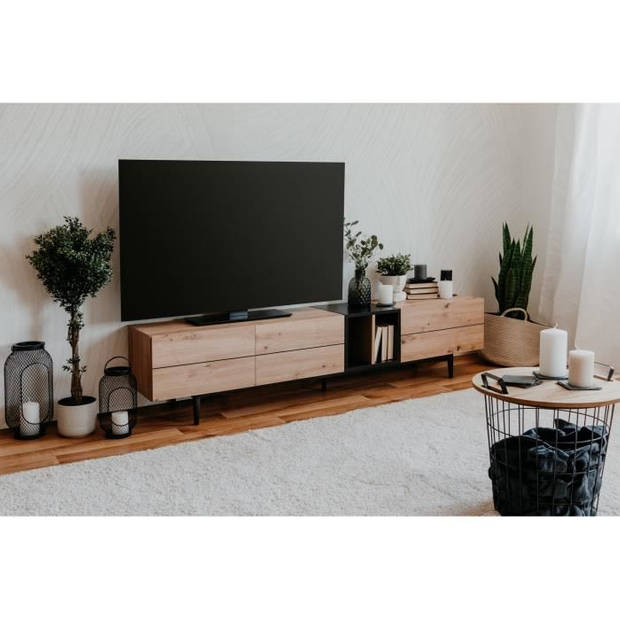 Tv-meubel met 3 kleppen - Eiken en zwart decor - L 195 x D 37 x H 48 cm - NOLA