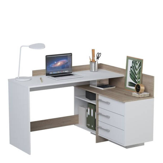 DEMEYERE Hoekbureau met 3 lades - Eiken en wit decor - L 128,5 x D 105,7 x H 83,2 cm - THALES