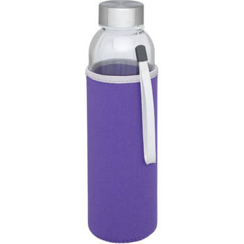 Glazen waterfles/drinkfles met paarse softshell bescherm hoes 500 ml - Drinkflessen