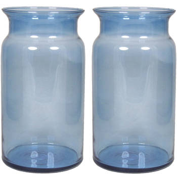 Set van 2x stuks glazen melkbus vaas/vazen blauw 7 liter smalle hals 16 x 29 cm - Vazen