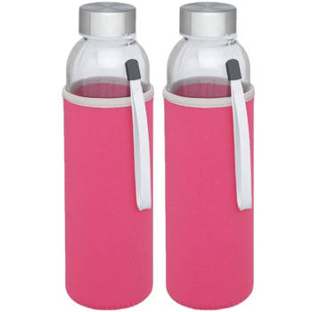 2x stuks glazen waterfles/drinkfles met roze softshell bescherm hoes 500 ml - Drinkflessen