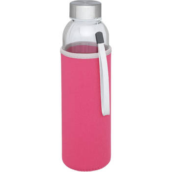Glazen waterfles/drinkfles met roze softshell bescherm hoes 500 ml - Drinkflessen