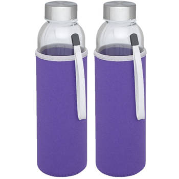 2x stuks glazen waterfles/drinkfles met paarse softshell bescherm hoes 500 ml - Drinkflessen