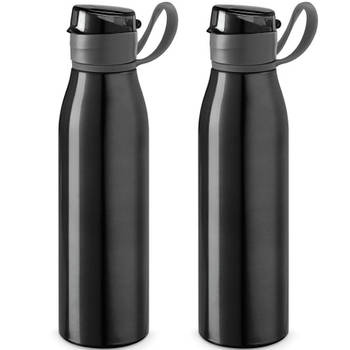 2x Stuks aluminium waterfles/drinkfles zwart met klepdop en handvat 650 ml - Drinkflessen