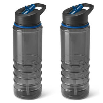 2x Stuks kunststof waterfles/drinkfles transparant zwart/blauw met rietje 650 ml - Drinkflessen