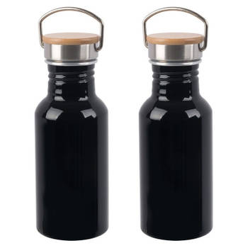 2x Stuks aluminium waterfles/drinkfles zwart met bamboe schroefdop 550 ml - Drinkflessen