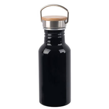 Aluminium waterfles/drinkfles zwart met bamboe schroefdop 550 ml - Drinkflessen