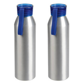 2x Stuks aluminium waterfles/drinkfles zilver met blauwe kunststof schroefdop 650 ml - Drinkflessen