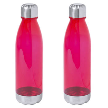 2x Stuks kunststof waterfles/drinkfles transparant rood met Rvs dop 700 ml - Drinkflessen