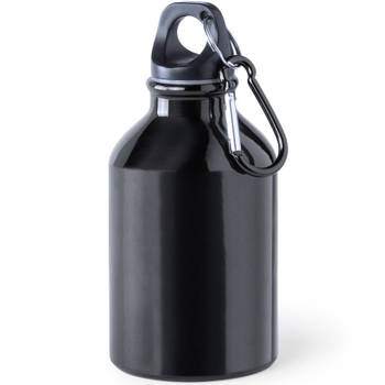 Aluminium waterfles/drinkfles zwart met schroefdop en karabijnhaak 330 ml - Drinkflessen