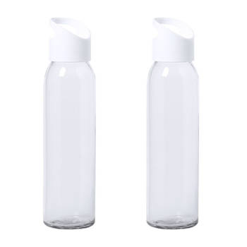 2x Stuks glazen waterfles/drinkfles transparant met schroefdop met wit handvat 470 ml - Drinkflessen