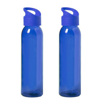 2x Stuks glazen waterfles/drinkfles blauw transparant met schroefdop met handvat 470 ml - Drinkflessen