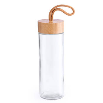 Glazen waterfles/drinkfles transparant met bamboe houten dop met handvat 420 ml - Drinkflessen