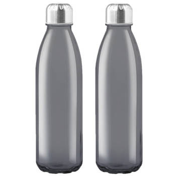 2x Stuks glazen waterfles/drinkfles zwart transparant met Rvs dop 500 ml - Drinkflessen
