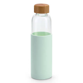 Glazen waterfles/drinkfles met mint groene siliconen bescherm hoes 600 ml - Drinkflessen