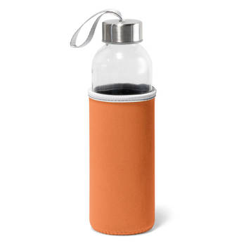 Glazen waterfles/drinkfles met oranje softshell bescherm hoes 520 ml - Drinkflessen