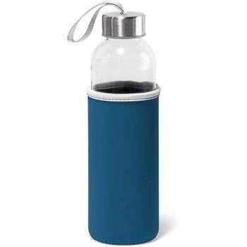 Glazen waterfles/drinkfles met blauwe softshell bescherm hoes 520 ml - Drinkflessen