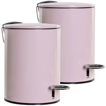 2x stuks metalen vuilnisbakken/pedaalemmers roze 3 liter 23 cm - Prullenbakken