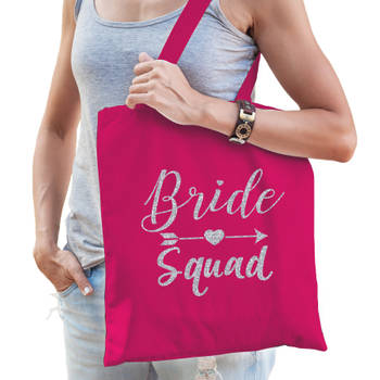 1x Bride Squad vrijgezellenfeest tasje roze zilver dames - Feest Boodschappentassen
