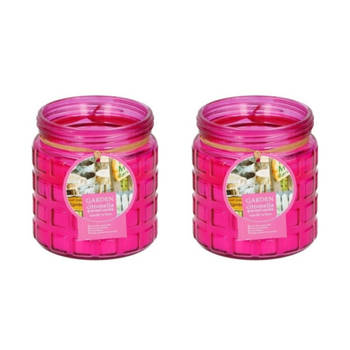 2x stuks citronella kaarsen in glazen pot 12 cm fuchsia roze - geurkaarsen