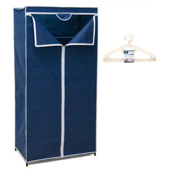 Mobiele opvouwbare kledingkast blauw 75 x 46 x 160 cm incl. 10 witte kledinghangers - Campingkledingkasten