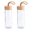 2x Stuks glazen waterfles/drinkfles transparant met bamboe houten dop met handvat 420 ml - Drinkflessen