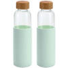 2x Stuks glazen waterfles/drinkfles met mint groene siliconen bescherm hoes 600 ml - Drinkflessen