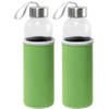 2x Stuks glazen waterfles/drinkfles met groene softshell bescherm hoes 520 ml - Drinkflessen