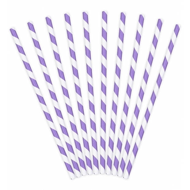 10x stuks gestreepte rietjes van papier lila paars/wit - Drinkrietjes