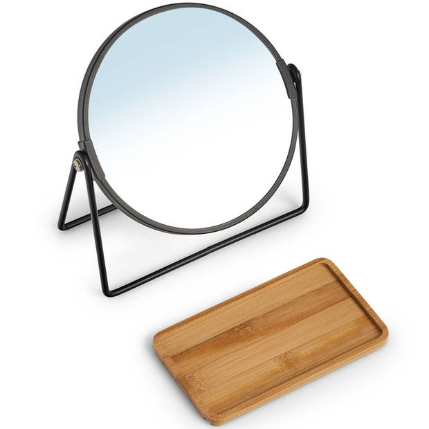 Make-up spiegel metaal/bamboe 17,5 x 20,5 cm - Make-up spiegeltjes