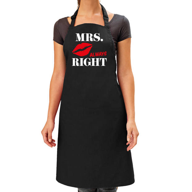 Mr Right en Mrs Always Right kus/snor cadeau schorten set zwart volwassenen - koppelcadeau bruiloft - Feestschorten