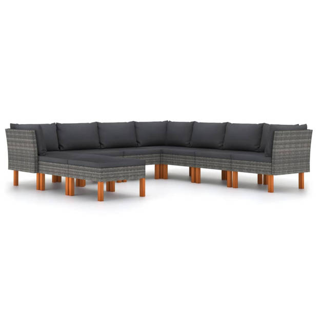 vidaXL 9-delige Loungeset met kussens poly rattan grijs