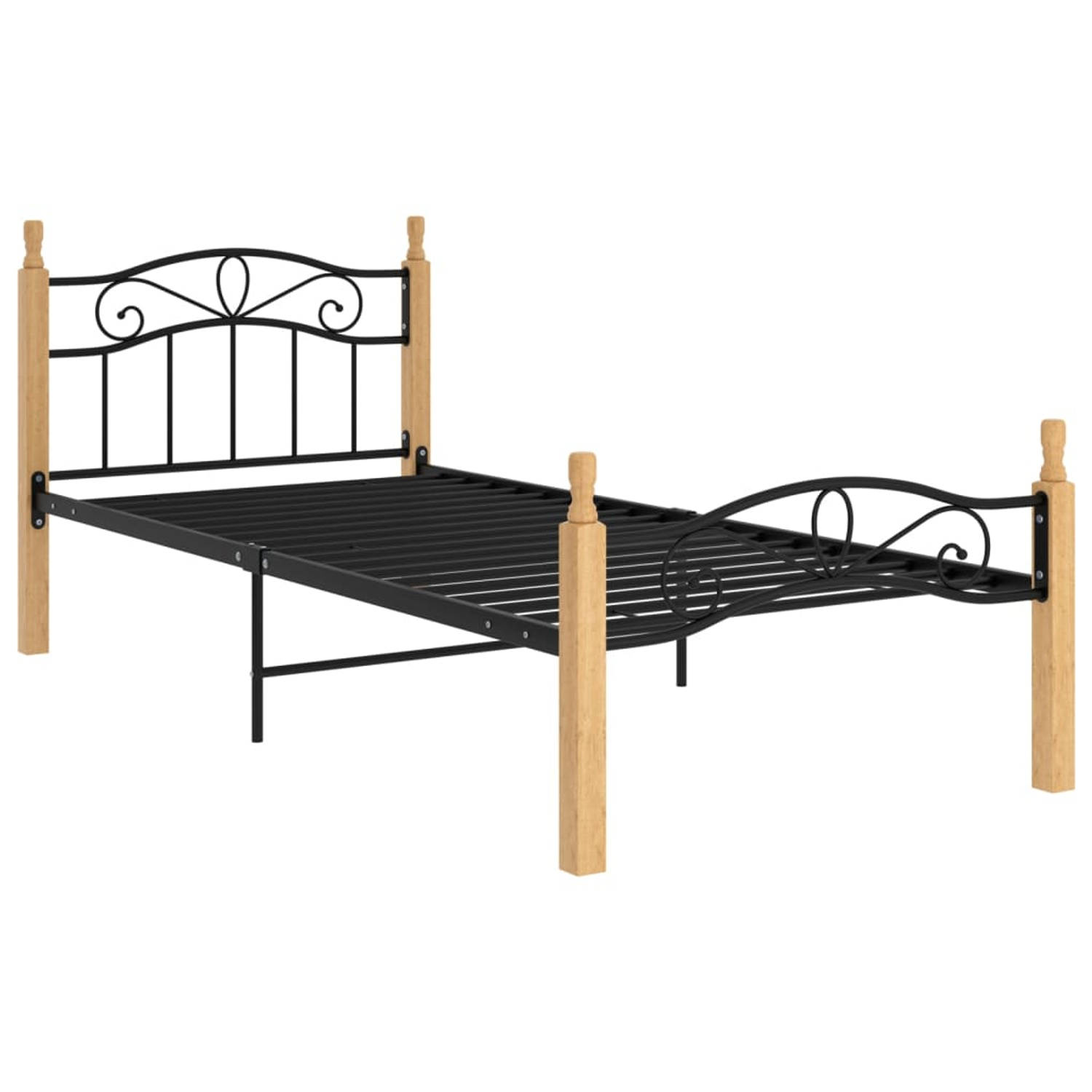 The Living Store Bedframe metaal en massief eikenhout zwart 100x200 cm - Bedframe - Bedframes - Bed - Bedden - Frame - Frames - Eenpersoonsbed - Eenpersoonsbedden - Bedombouw - Bed