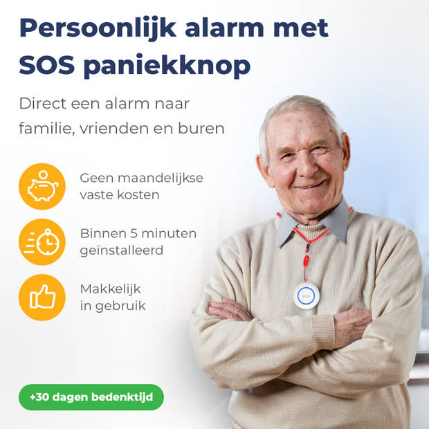 Persoonlijk alarm met SOS paniekknop - Melding op afstand - Wifi - Inclusief bevestigingsmateriaal en draagkoord