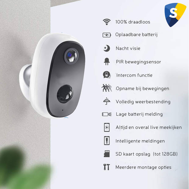 Outdoor eye Draadloze IP beveiligingscamera op accu - zwart - voor binnen & buiten - met SD kaart & anti-diefstal beugel