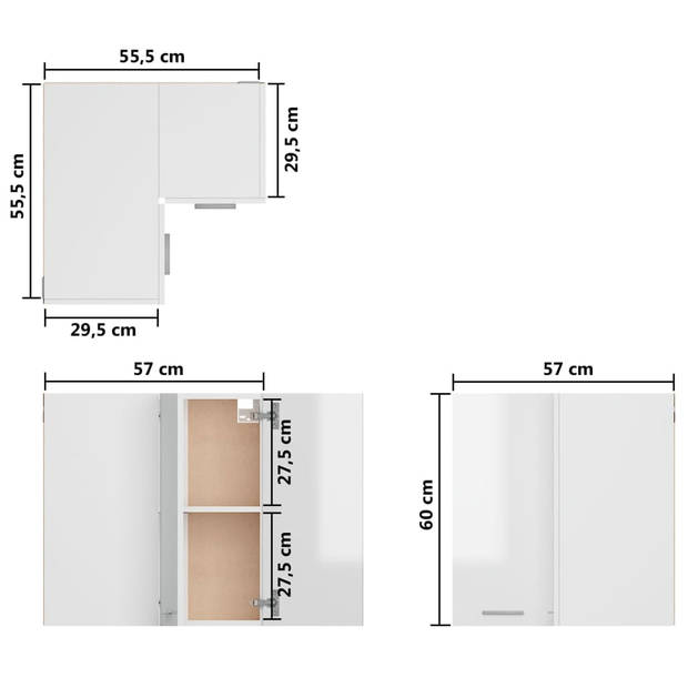 vidaXL Hanghoekkast 57x57x60 cm spaanplaat hoogglans wit