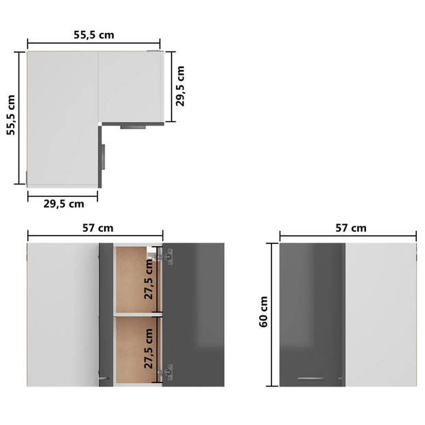 vidaXL Hanghoekkast 57x57x60 cm bewerkt hout hoogglans grijs